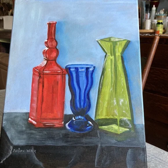 HAND CRAFTED original oil painting of three colorful bottles on table $175 - Picture 3 of 3